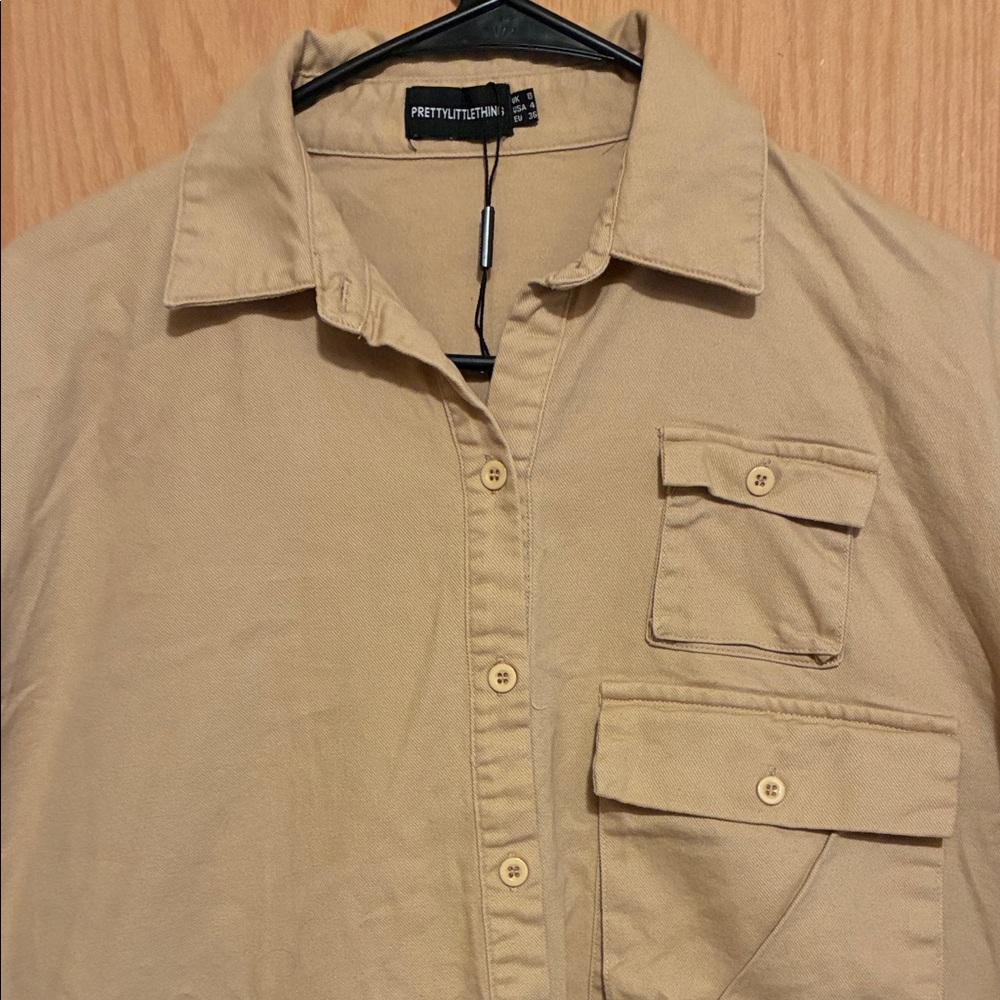 PrettyLittleThing Beige Button-Up Shirt - Picture 2 of 5